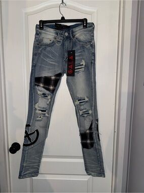 GALA Men’s Skinny Distressed Patchwork Jeans - Light Blue